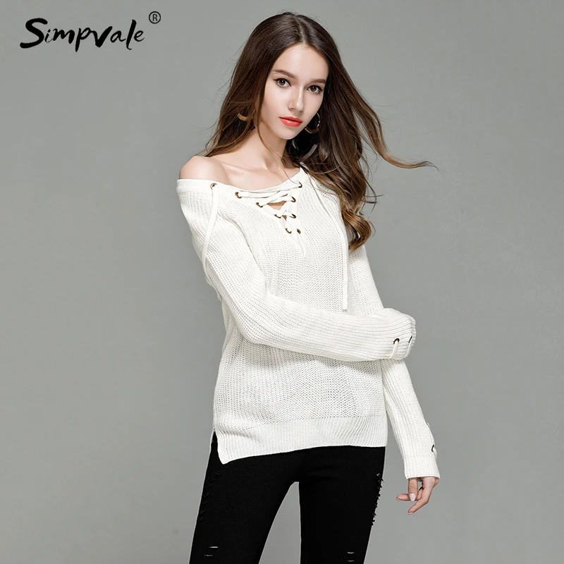 Осенне-зимний Однотонный свитер со шнуровкой и v-образным вырезом женская