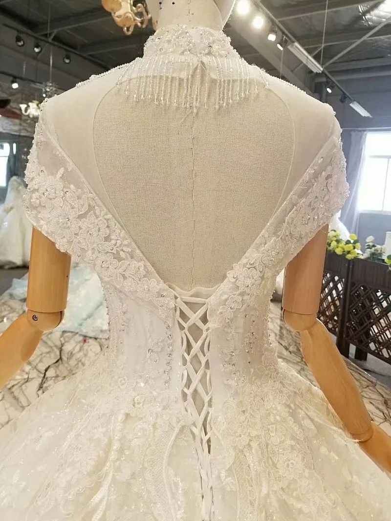 LS850011 free shipping wedding dress short sleeves high neck open keyhole back shiny ball gown count tain robe de soirée longue | Свадьбы и