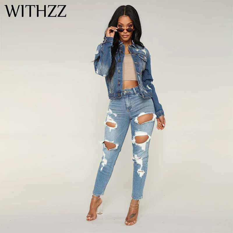 Узкие джинсовые брюки карандаш с дырками WITHZZ хлопковые джинсы для женщин штаны