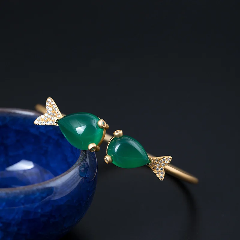 Amxiu Handmade Natural Chalcedony Bracelet Bangle Zircons Goldfish Bangles 925 Sterling Silver Jewelry For Women Mother Bijoux | Украшения