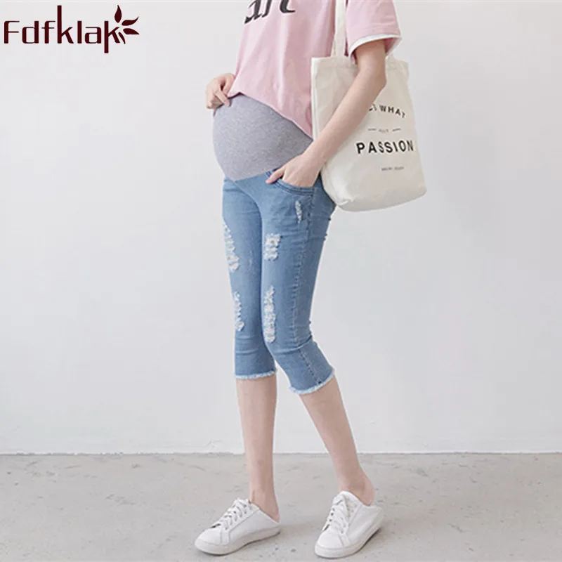 

Fdfklak L XL XXL Plus Size Women Maternity Summer Jeans For Pregnant Women Denim Fashion Holes Pregnancy Pants 2 Styles F272