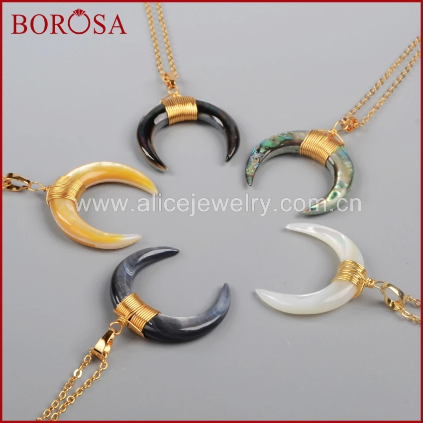 

BOROSA Wire Wrap Crescent Multi-Kind Shell Necklace Gold Color for Women, Moon Shape Shell Pendant Necklace as Gift WX020-N