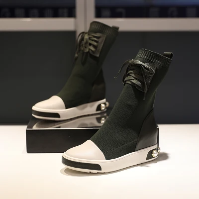 Goede Zapatos De Mujer 2018 Schoenen Vrouw Leather Lace-Up Sok Ankel Laarzen Kristal Zool Hoogte Toenemende Laarzen Vrouw Botas Mujer