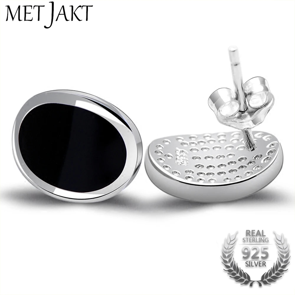 

MetJakt Natural Black Agate Stud Earrings Solid 925 Sterling Silver Earring for Women Office Career Occasion Jewelry