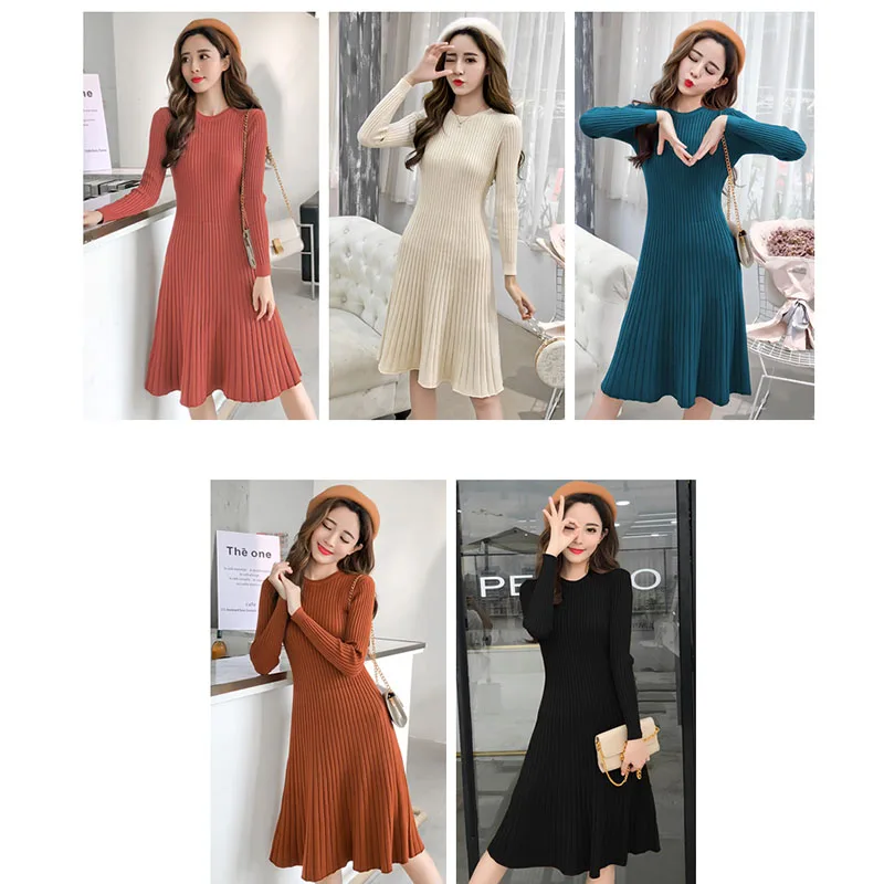 2018 с О образным вырезом длинным рукавом OL длинный свитер платье для женщин осень