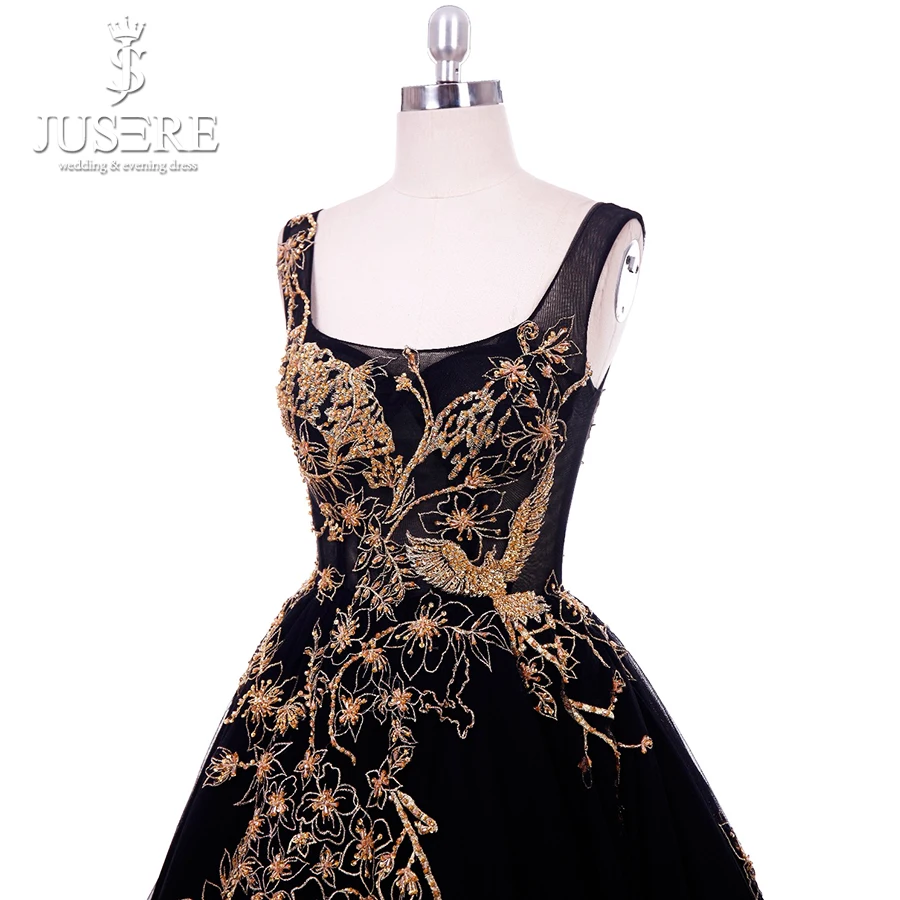 Jusere Real Photos Square Neck Puffy Ball Gown Celebrity Dresses Low Back Golden Embellishment Black Evening Dress Custom
