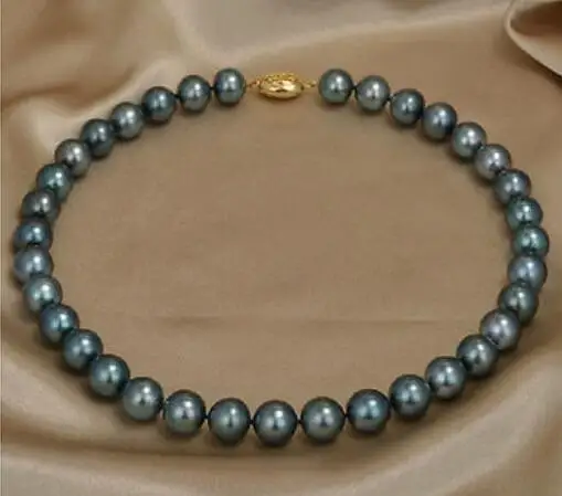 

free shipping 18"11-12 mm round tahitian black green pearl necklace