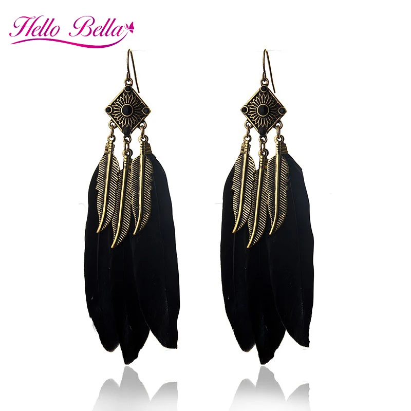 2016 Fashion Charms Vintage Drop Long Earrings feather black dangle earrings Jewellery bohemian | Украшения и аксессуары