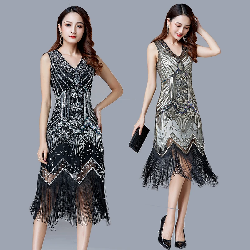 Женское платье для вечеринки, Robe Femme 1920s Great Gatsby, платье миди с блестками и бахромой, летнее платье, Ретро стиль, женское вечернее платье