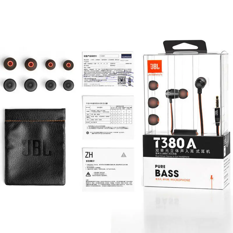 JBL T380A двойные динамические наушники-вкладыши 105dB HIFI наушники с микрофоном 3 5
