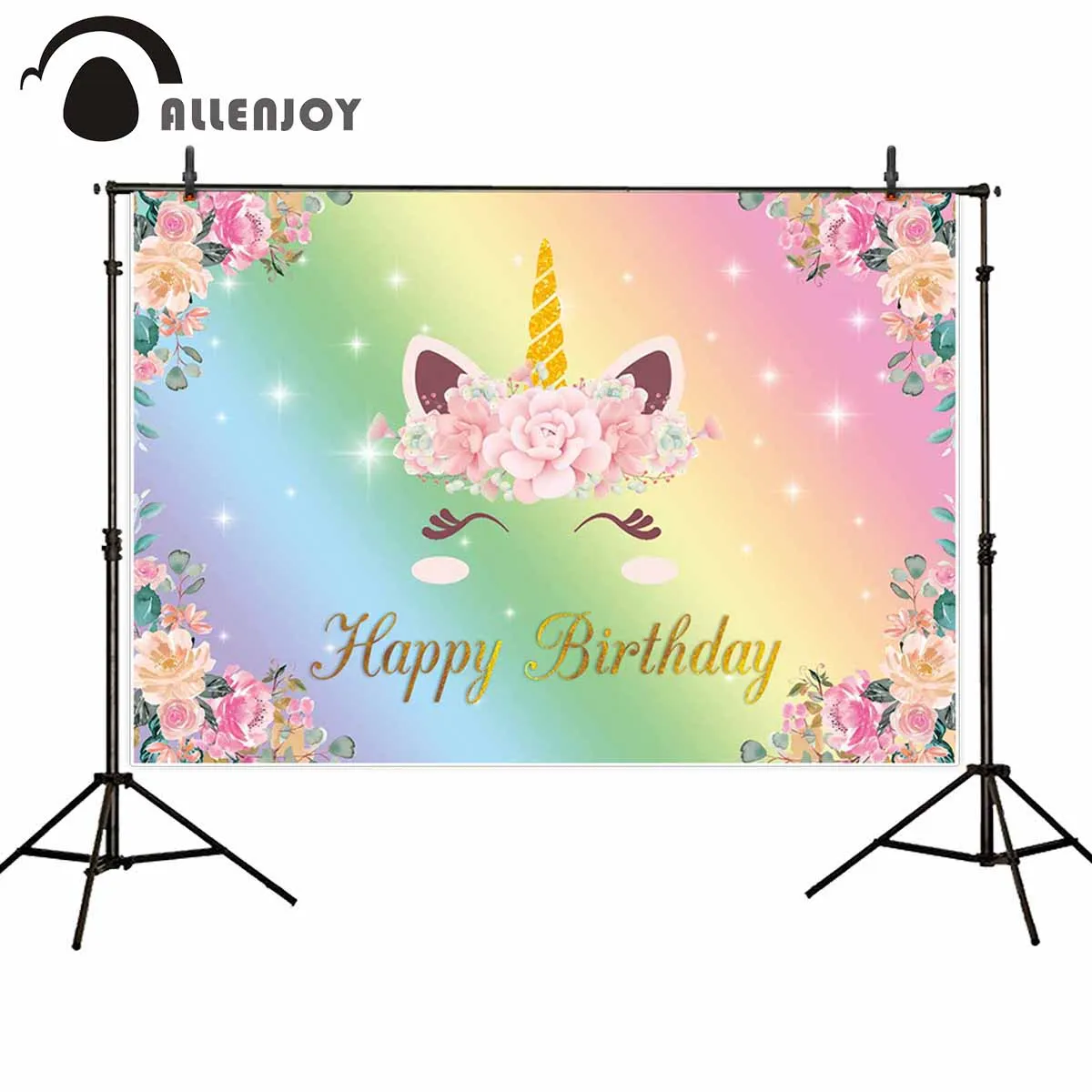 Allenjoy backdrop for photographic studio unicorn flower colorful rainbow glitter happy birthday background customize photocall |