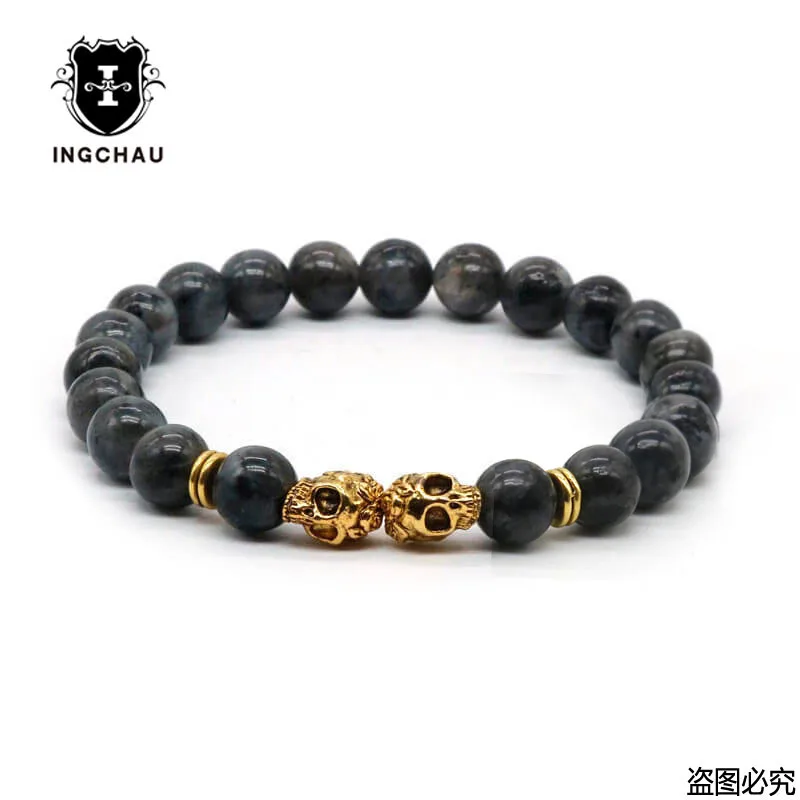 Spectrolite Gold Античный Золотой Будда Браслет из головы черепа черный Лава камень скелет бисерные браслеты для мужчин женщин Pulseras Hombre N4-7 - Окраска металла: Spectrolite Gold