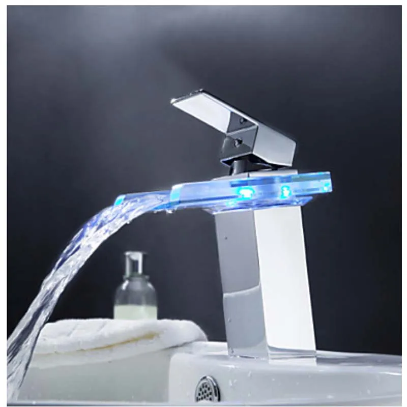 Luxury Free Shipping LED Color Changing Basin Faucet Bathroom Deck Mount Waterfall Glass Mixer Taps Chrome Tap | Обустройство дома