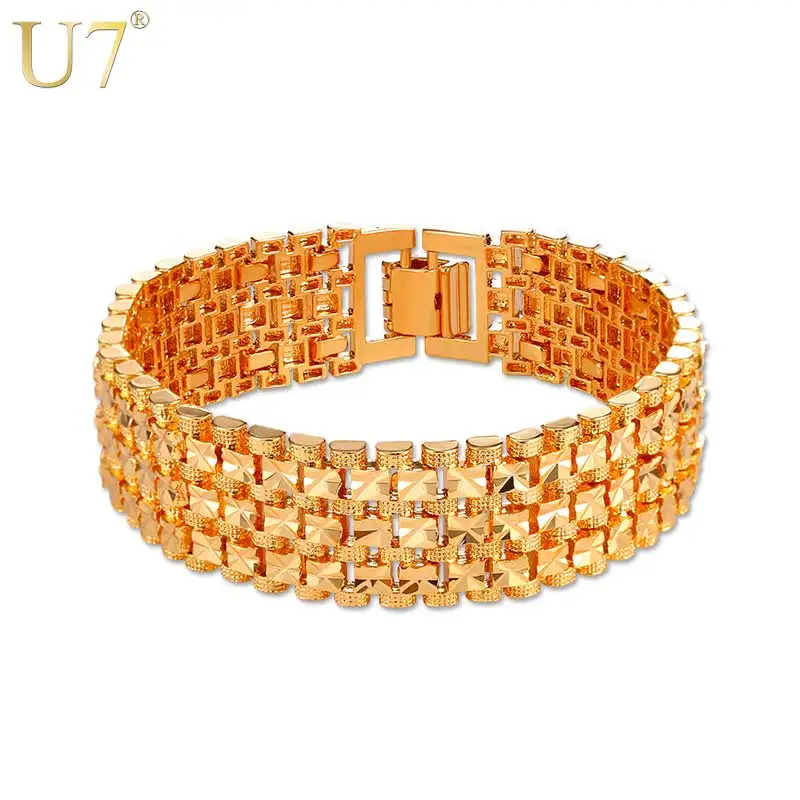 

U7 Brand Men Bracelets Bangles Silver/Gold Color Chunky 1.8cm 21cm Big Wide Chain Bracelet Trendy Hip Hop Jewelry Wholesale