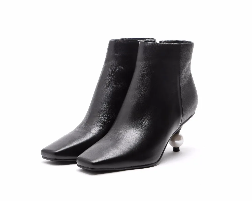 Женские ботильоны из натуральной кожи на высоком каблуке 6 см с жемчугом|Женские