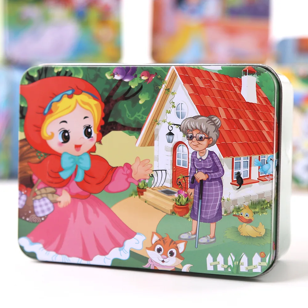 

100pcs new arrive 100 pieces of wood puzzle fairy tale jigsaw puzzle children cartoon puzzle toys with a iron box MG40