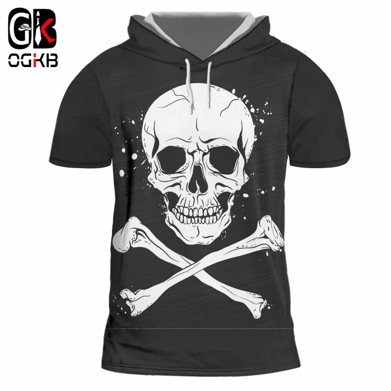 

OGKB Summer Tops Hiphop Punk Gothic Short Sleeve Hoodie Tracksuit Men/Womens Funny Print Skeleton Bone Black 3d Tshirt With Hood