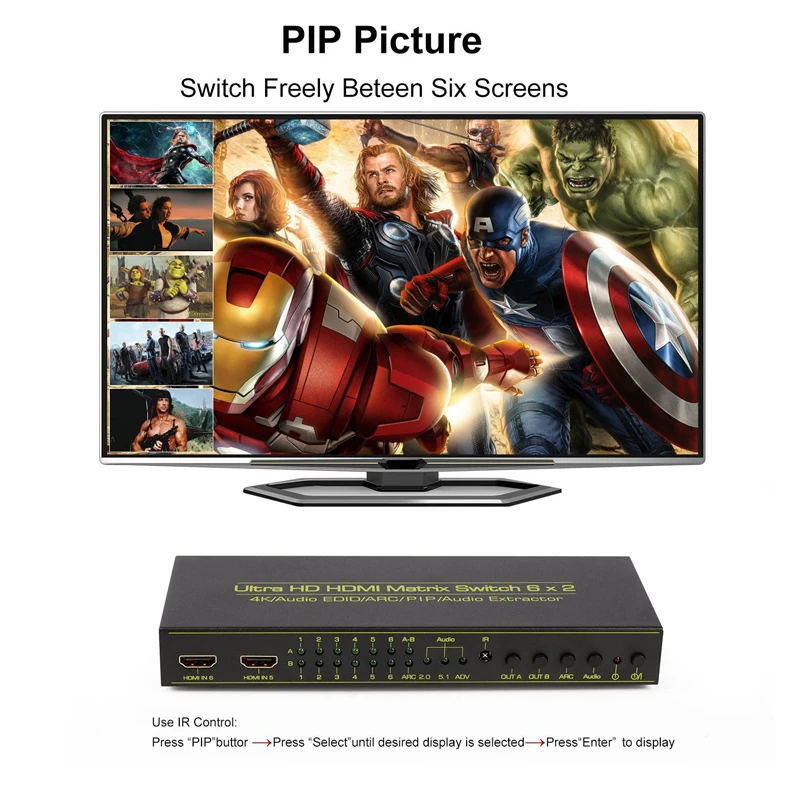 Матричный Коммутатор HDMI (6 Вход 2 Выход) аудио эксрактор с удаленным Управление
