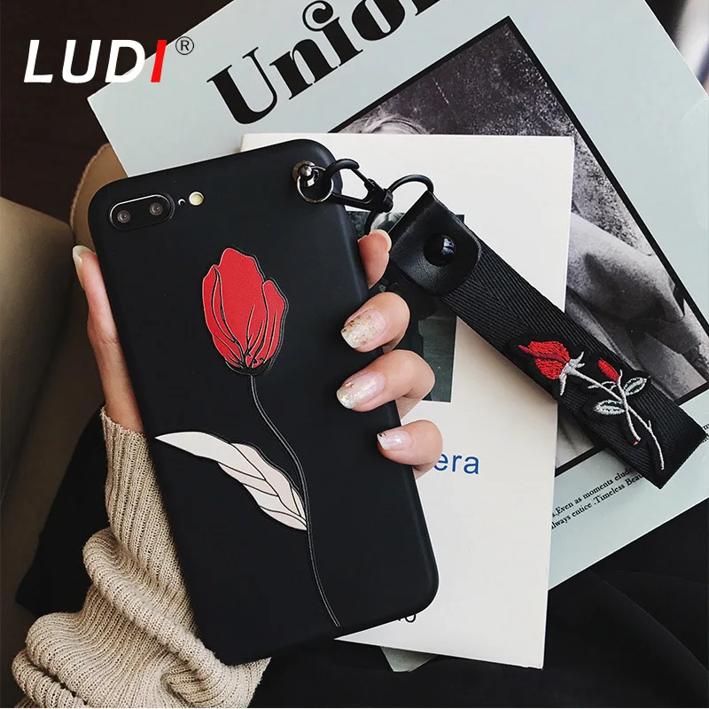 LUDI 3D Floral Red Rose Phone Case for iPhone X/8/7/7plus Soft Black Hipster Embroisery Wrist Strap Cover 6/6s/XS/MAX/XR XS |