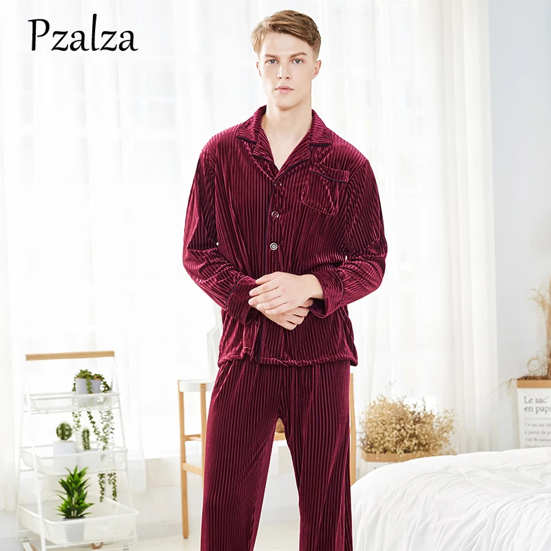 2018 Pajamas Men Winter Long Sleeve Shirt+Pants Men's Pajamas Set Soft Velour Men Pyjama Homewear Red Green Brown L XL XXL