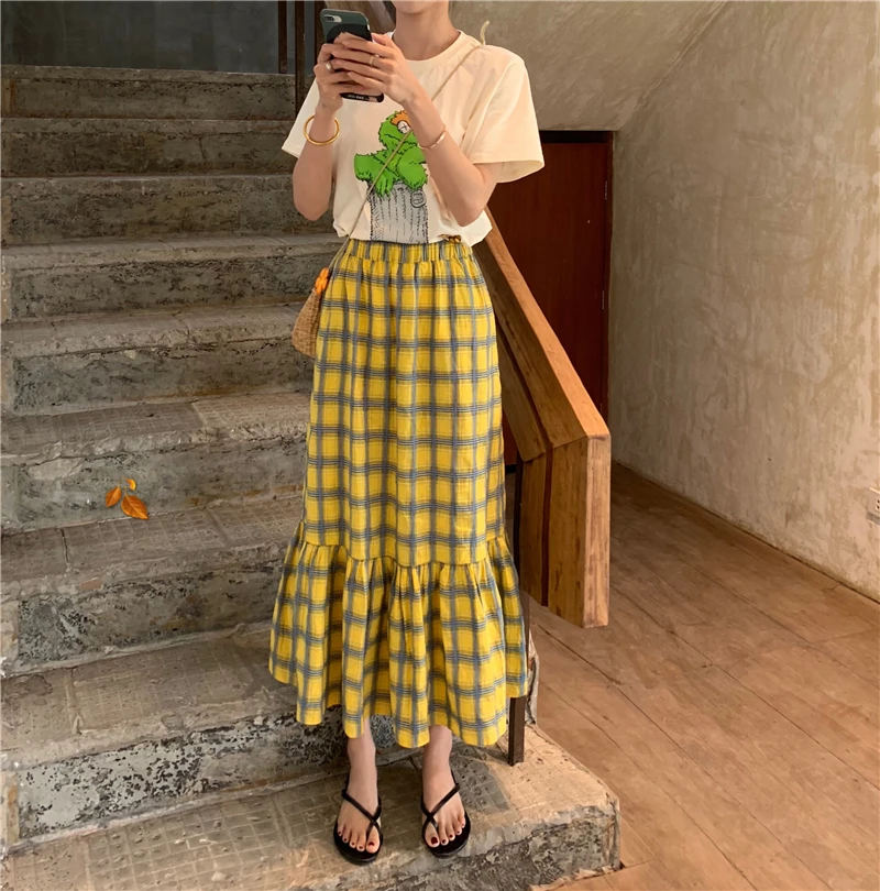 YICIYA Harajuku желтая плиссированная клетчатая длинная юбка в корейском винтажном стиле с высокой талией клетчатая юбка с эластичной талией Женская