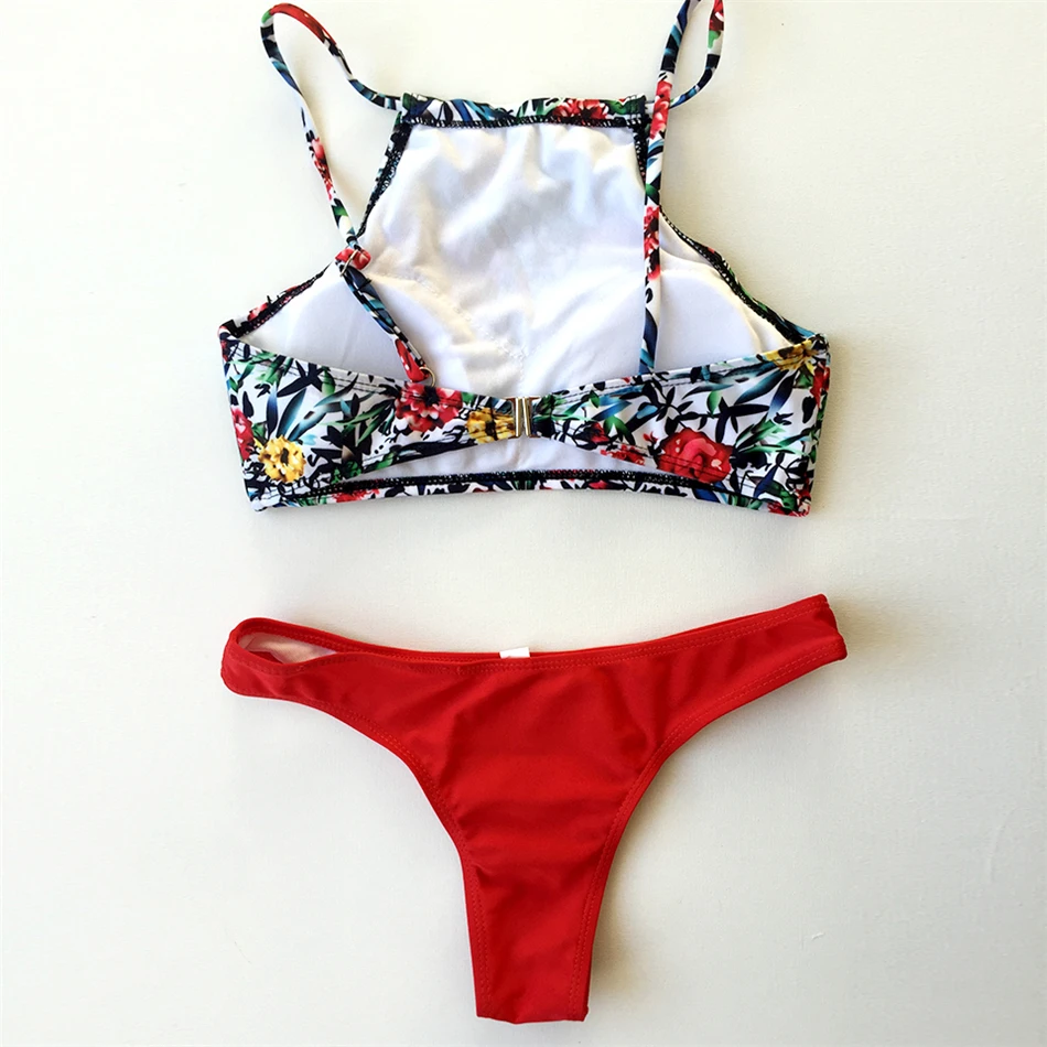 New 2018 Sexy High Neck Bikini Swimwear Women Swimsuit Brazilian Set Green Print Halter Top Beach wear Bathing Suits |