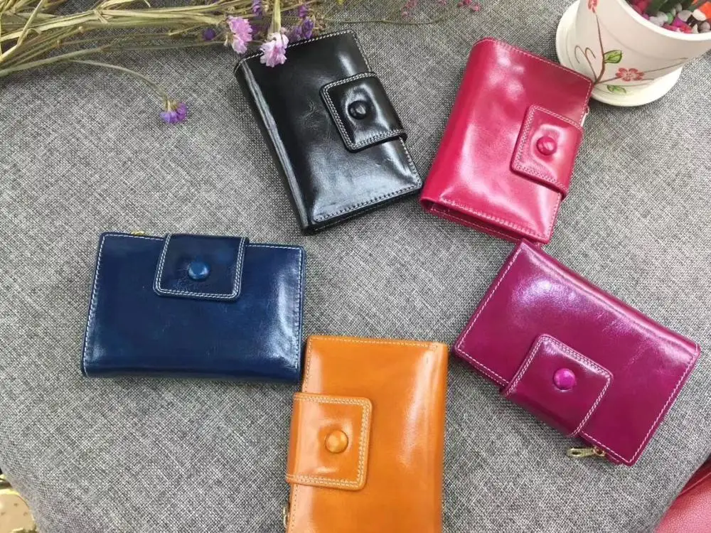 Genuine leather Wallet Woman High quality Oil wax Clutch Slim and Purse Black Purple Brown Hot pink Blue | Багаж и сумки