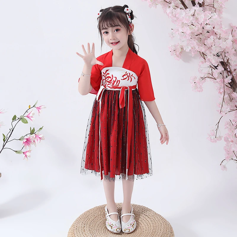 Hanfu/костюм для девочек летняя одежда с короткими рукавами в китайском стиле традиционное платье в китайском стиле детская Одежда для танцев в народном стиле DQL897