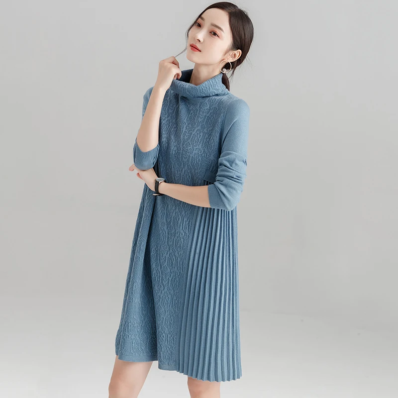 Long Back High-necked Pullover Sweater Dress Autumn Winter Thick Warm Sleeve Solid Wool Loose LJ1014 | Женская одежда