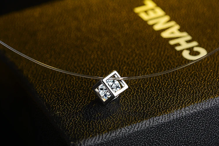 

New 925 Silver Transparent Fishing Line Necklace Clear Cube Zircon Pendant Sparkling Choker Necklace Hot Selling Women Jewelry