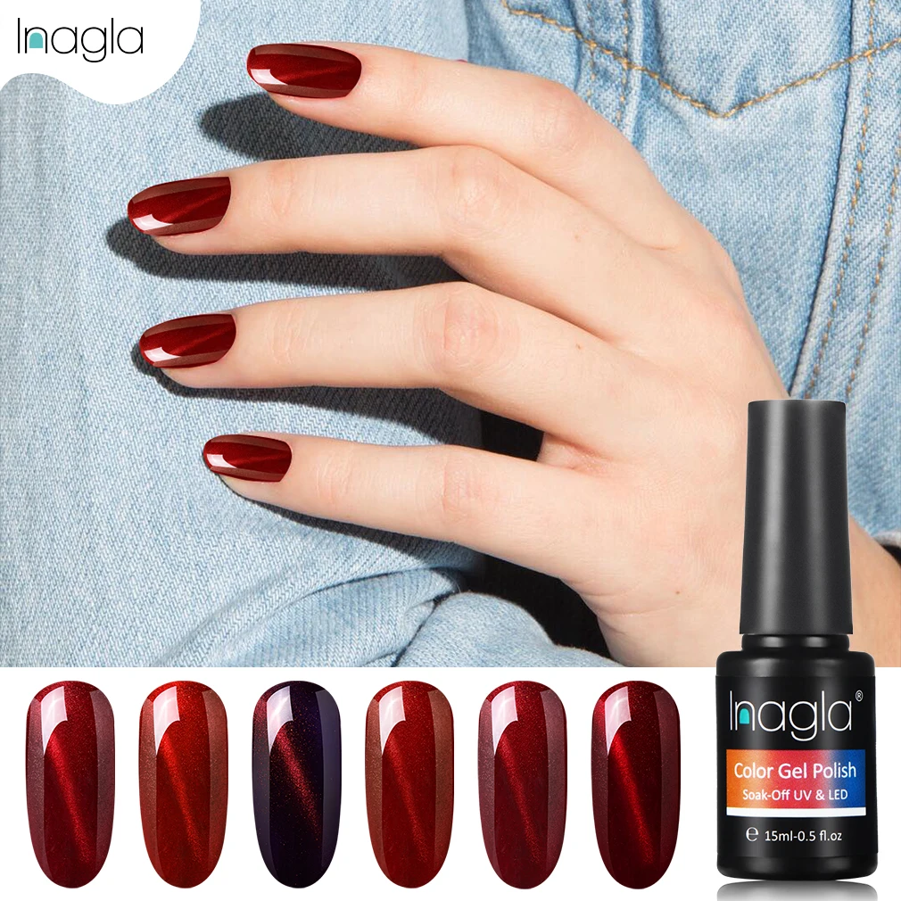 Inagla Soak Off UV &amp LED 15ML Wine Red Cat Eye Gel Nail Polish 6 Colors Long-lasting Mermaid Varnish Art Magnetic Lacquer | Красота и