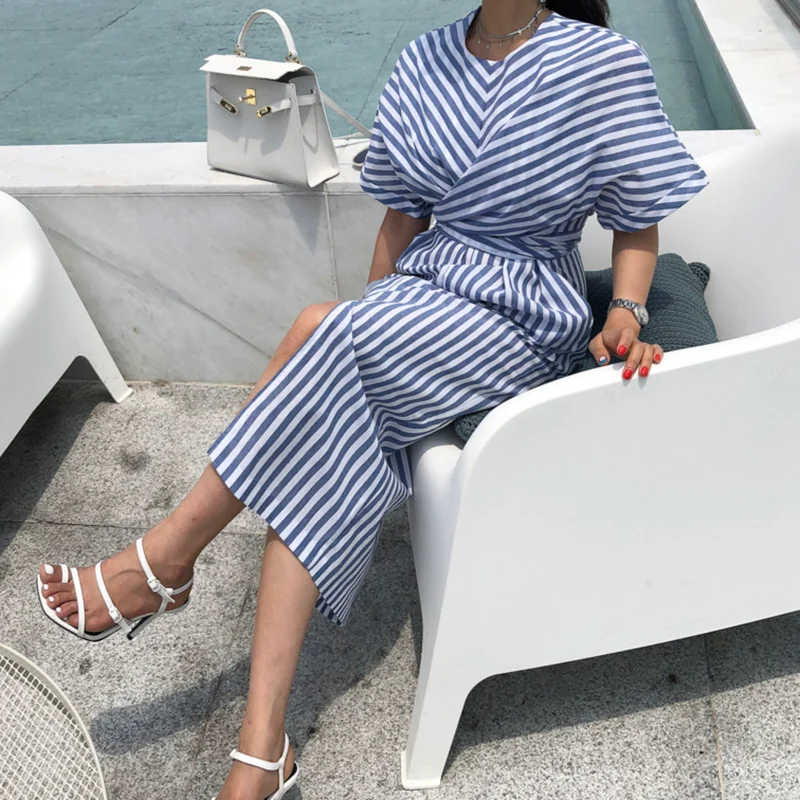 

Korean Summer Cotton Blue Striped Bandage Split Women Long Dress Female Bodycon Elegant Dresses Party Dress Plus Size Vestidos