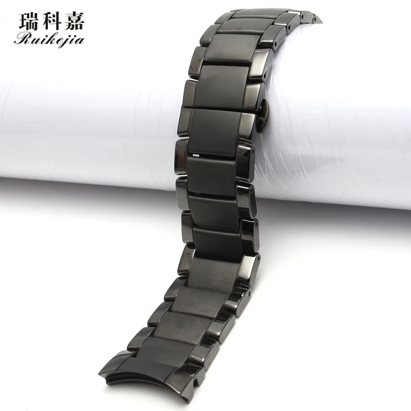 Black Shine Ceramic Strap for AR1451 Ceramic Watch with Men's 24MM Scrub Wristband Butterfly Buckle Waterproof Sports Watch Chai