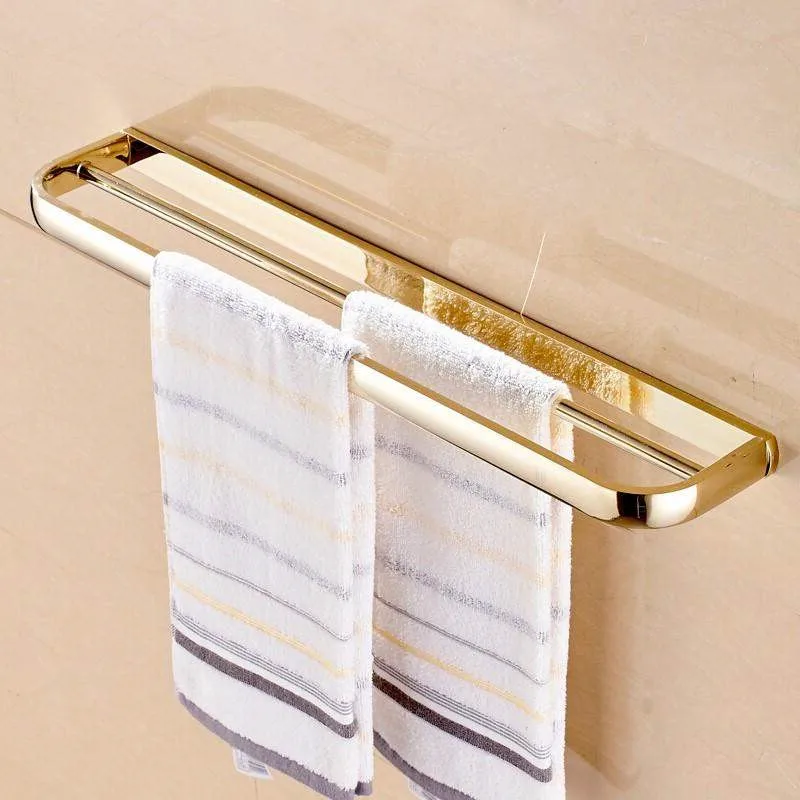 double towel bars Набор аксессуаров для ванной комнаты, золотой Латунный квадратный держатель для бумажных салфеток, полотенцесушитель, корзина для мыла, вешалка для полотенец, стеклянная полка, набор оборудования для ванной - Цвет: double towel bars