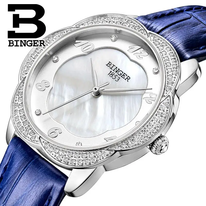 Switzerland Binger Women's watches Diamond Luxury top Brand Untra-thin clock leather strap quartz waterproof Wristwatches B3028