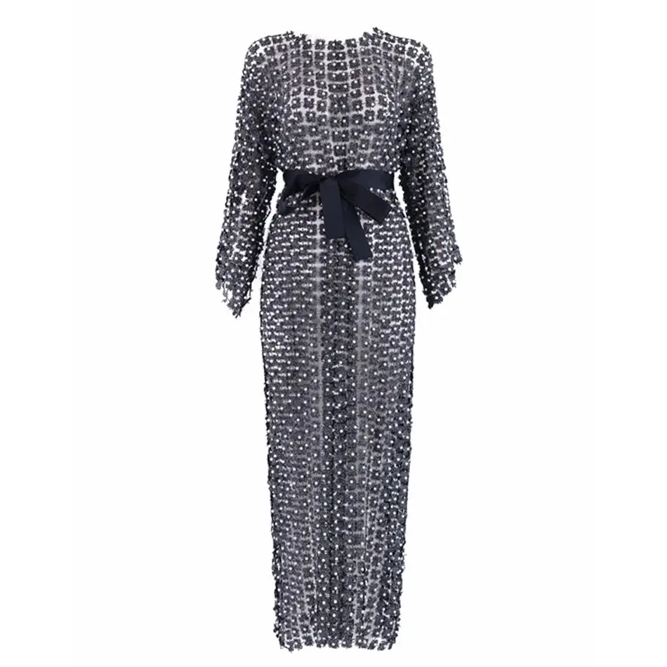 New Summer Celebrity Party Women Dress Long Sleeve O-Neck Belt Sexy Night Out Club Maxi Vestidos | Женская одежда