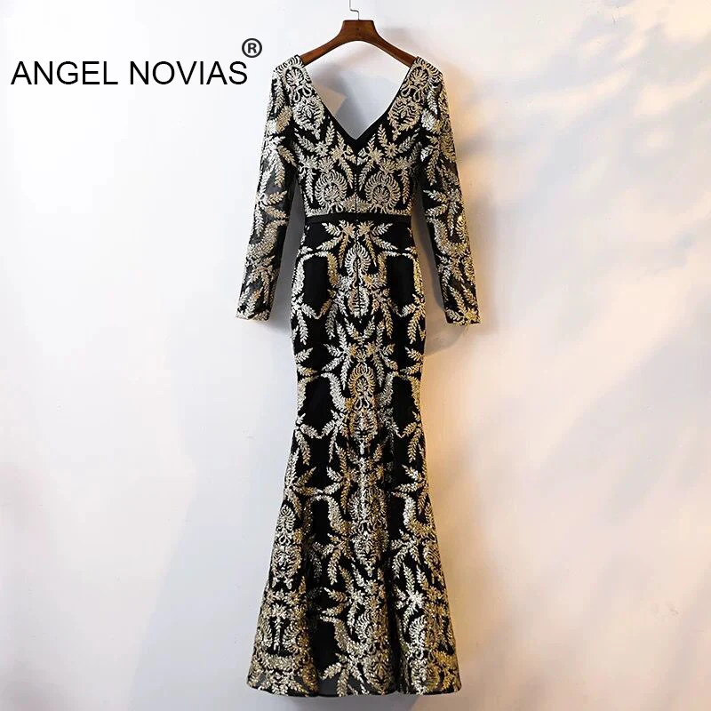 Платье с открытой спиной ANGEL NOVIAS Черное и Золотое вечернее платье блестками в