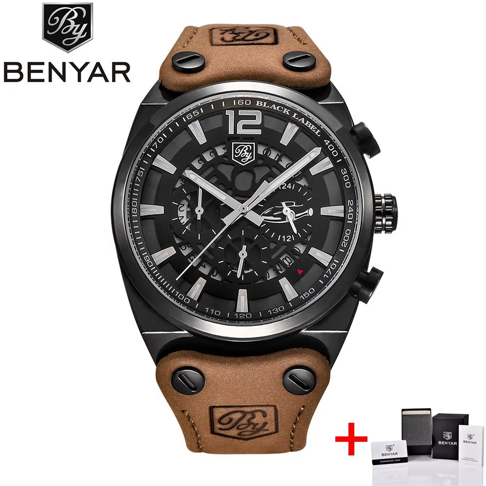 black white BENYAR спортивные часы с большим циферблатом, мужские водонепроницаемые уличные военные часы с хронографом, кварцевые часы с кожаным ремешком, армейские мужские часы, мужские часы - Цвет: black white