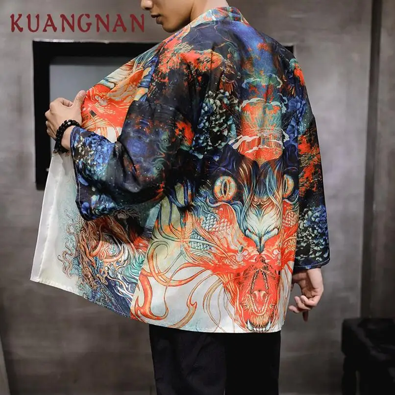 KUANGNAN Дракон кошка печати кимоно для мужчин японское кимоно кардиган Harajuku кимоно рубашка Мужская Уличная Мужская гавайская рубашка 5XL - Цвет: Dragon Cat