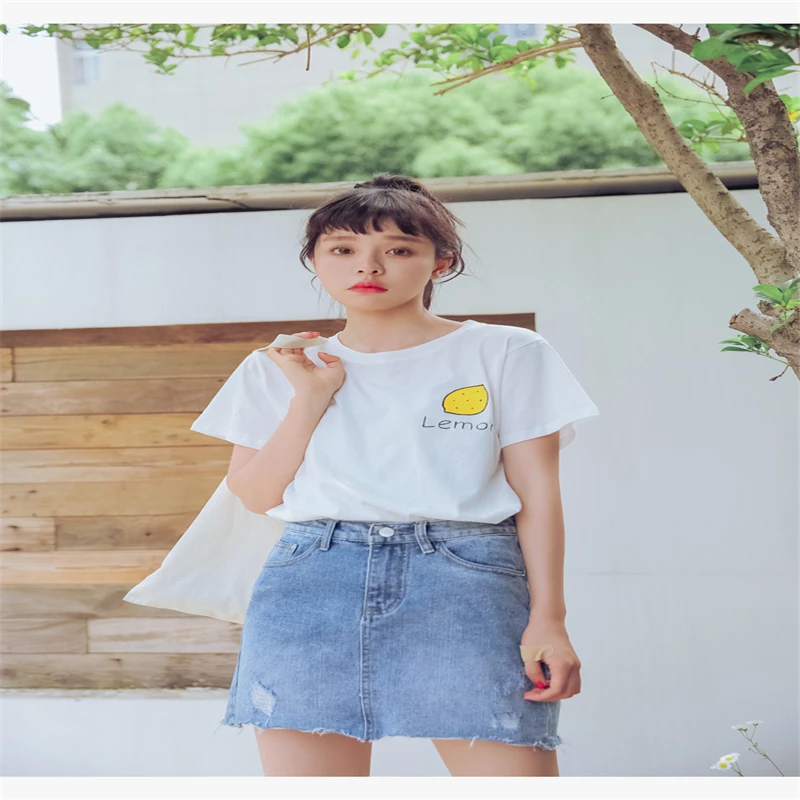 HziriP 2018 New Women T shirt Fruit Lemon Print O-neck Casual Womens Short Sleeve Cotton T-shirt Tee Tops Female Tshirt | Женская одежда