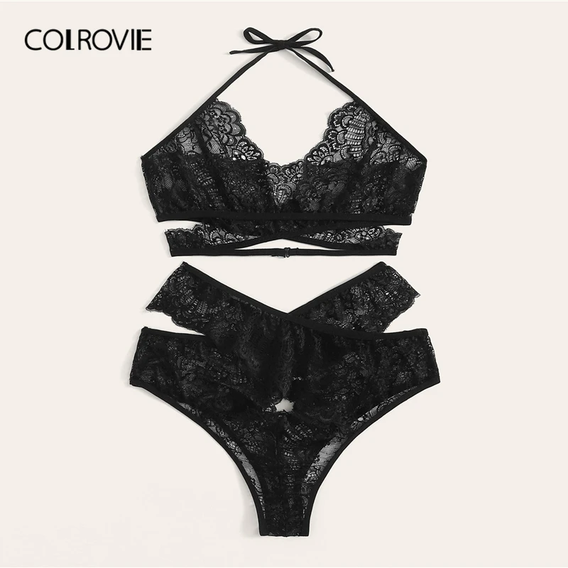 COLROVIE размера плюс, черный кружевной комплект нижнего белья с бретельками, женское нижнее белье,, летний сексуальный бюстгальтер и трусики, Женский комплект нижнего белья
