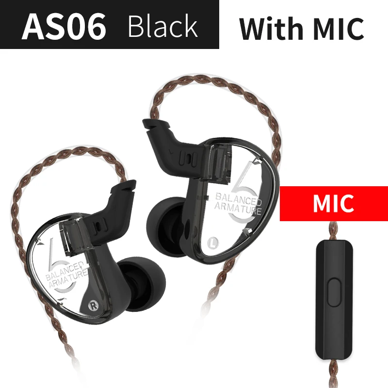 black with mic KZ AS06 наушники 3 сбалансированные арматура драйвер в ухо наушники HIFI монитор с басом наушники с 2pin кабелем KZ ZS10 KZ AS10 - Цвет: black with mic