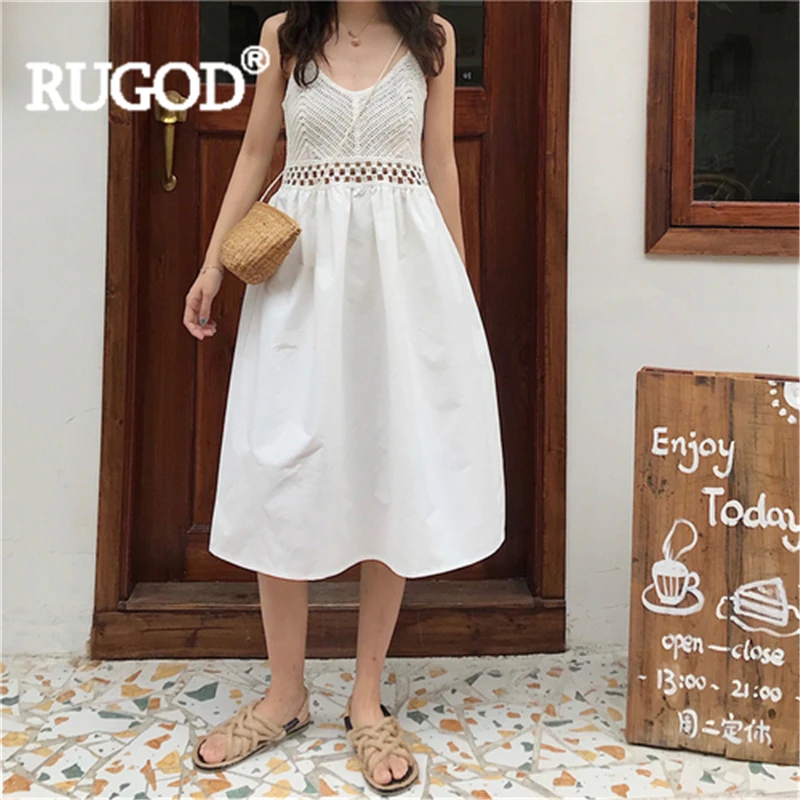 Женское ажурное платье RUGOD однотонное лоскутное длинное на тонких бретельках с