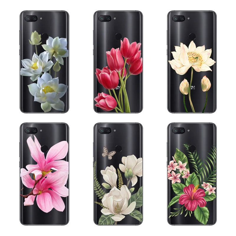 Чехол xiaomi mi 8 lite силиконовая Черная мягкая задняя крышка из ТПУ с рисунком цветов