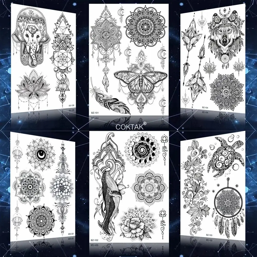 

Black India Sexy Women Girl Mandala Flower Temporary Tattoos Stickers Body Arm Mehndi Tatoos Henna Whale Feather Lace Tatoos