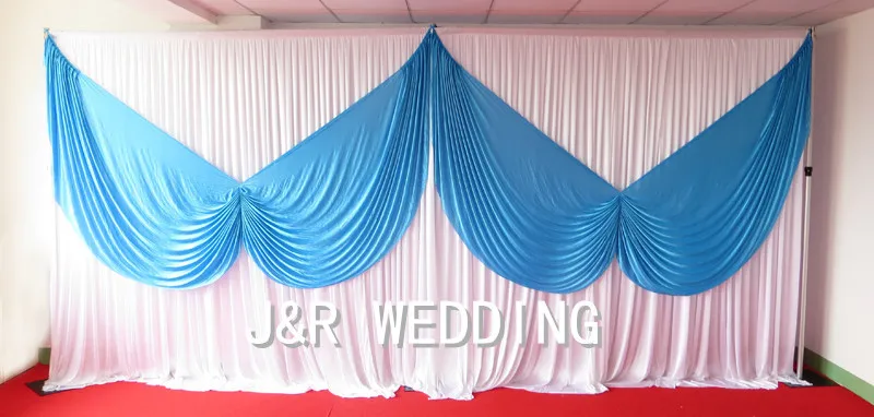 

1PCS MOQ 10FT H*20FT L Sky Blue Butterfly Style Swag & White Backdrop Plated Curtain For Wedding Use