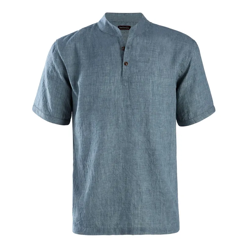 

JeeToo Fashion Spring Summer Mens Shirt Short Stand Collar Single Breasted Tops Solid Cotton Masculina Top Linen Casual Shirt