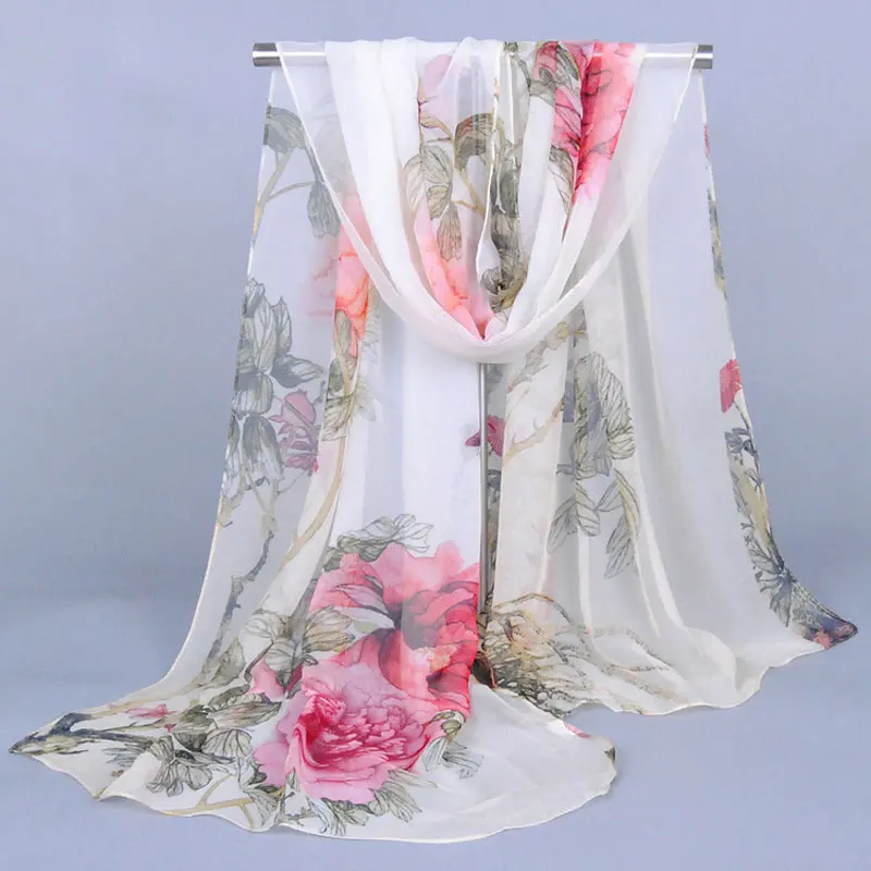 

2020 New Scarf Chiffon Peony Printing Scarf Women Flower Silk Scarf Long Shawl foulard femme Fashion head scarf Women shawl