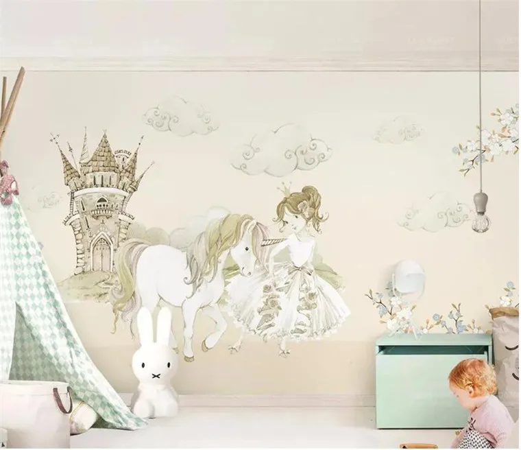 

Dream fashion three-dimensional decorative painting wall paper beauty and Unicorn children's room background wallpaper
