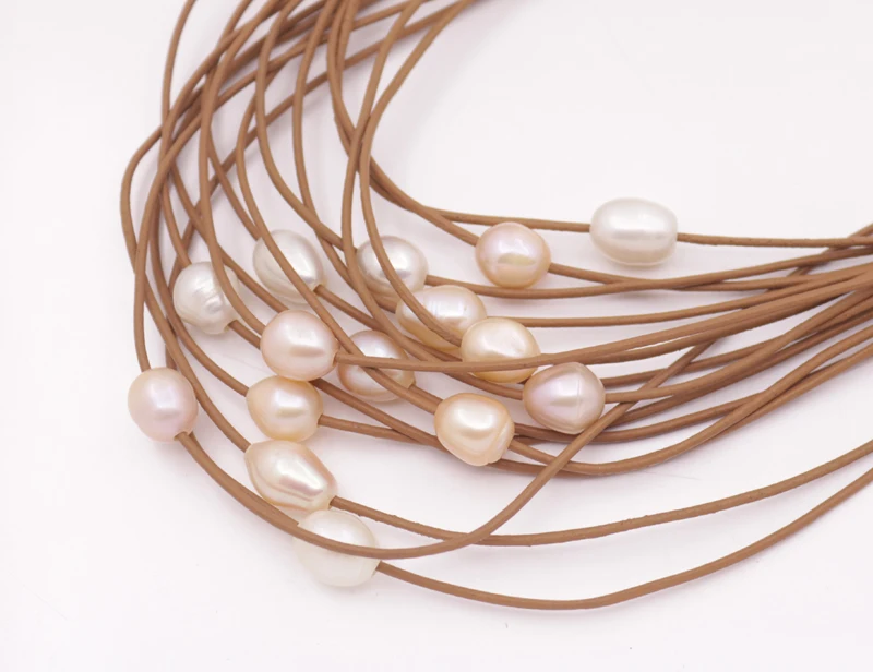 15 ROWS Natural White Pink Purple Teardrop Pearl Brown Leather Necklace 18&quot Long | Украшения и аксессуары